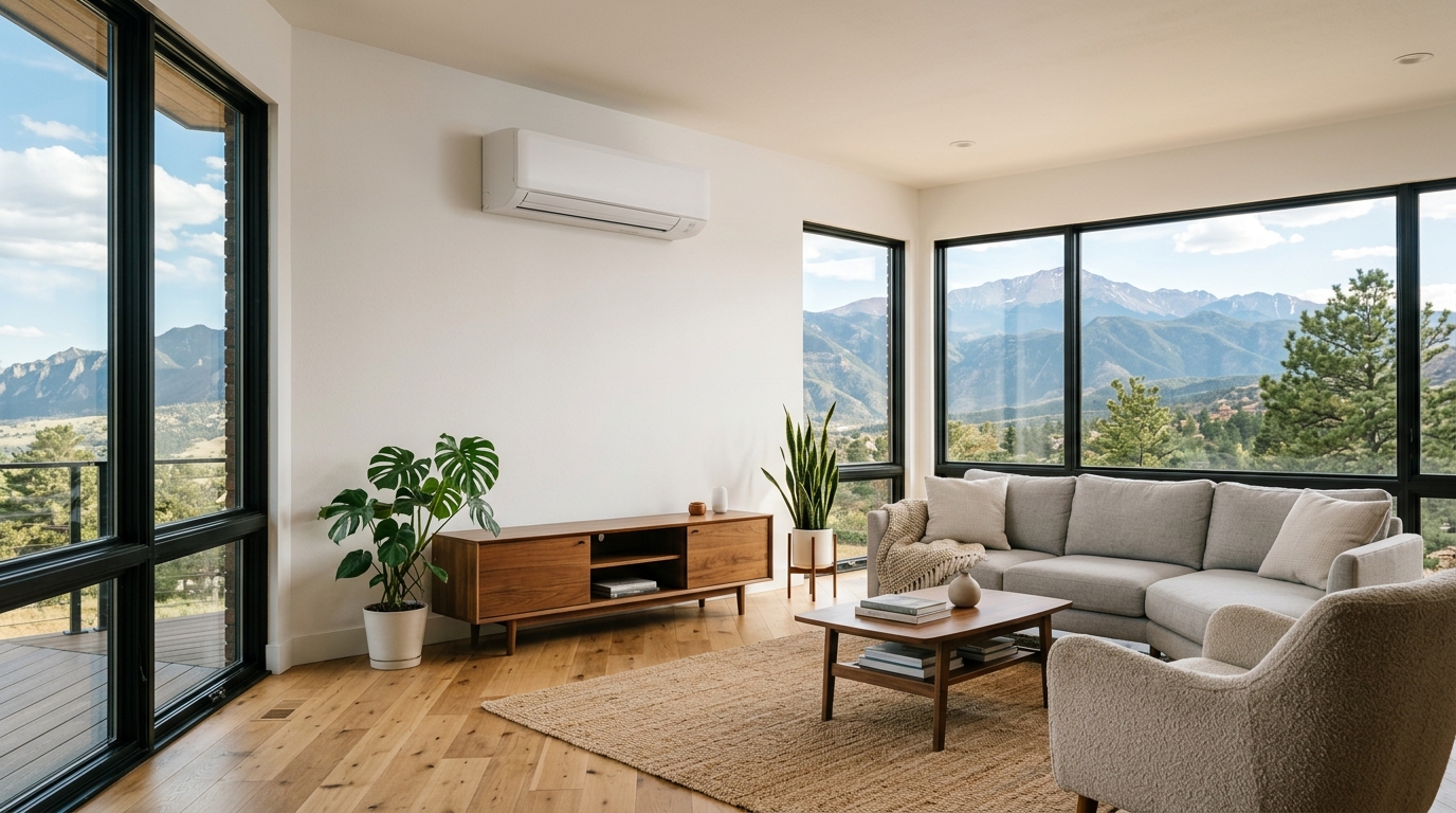 Modern ductless mini split system installed in a Colorado Springs home with mountain views