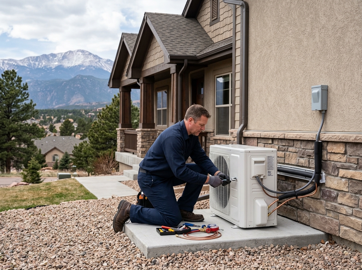 HVAC technician evaluating ductless mini-split placement on a hillside Manitou Springs Colorado residential property